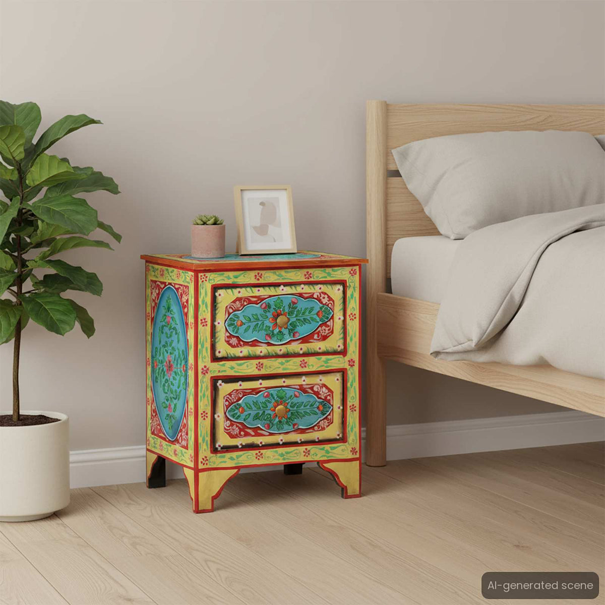 Comodino Dipinto a Mano 40x30x50 cm in Legno Massello di Mango