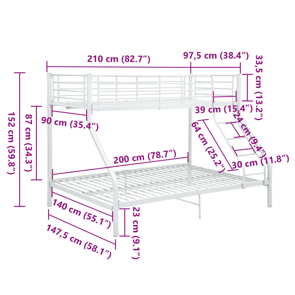 Letto a Castello Bianco in Metallo 140x200 cm/90x200 cm | homemem39