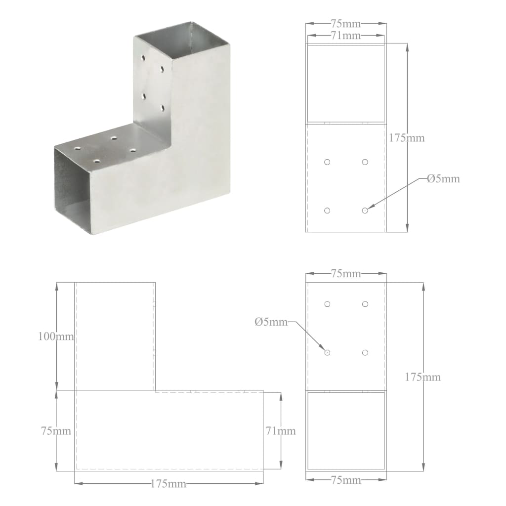 Connettori per Pali a Forma di L 4 pz Metallo Zincato 71x71 mm | homemem39