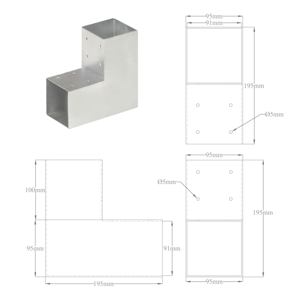 Connettori per Pali a Forma di L 4 pz Metallo Zincato 91x91 mm | homemem39