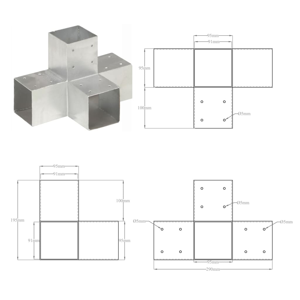 Connettori per Pali a Forma di X 4 pz in Metallo Zincato 91x91 mm | homemem39