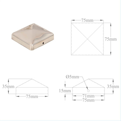 Kappen für Pyramidenstangen 6 Stück aus Edelstahl 71x71 mm