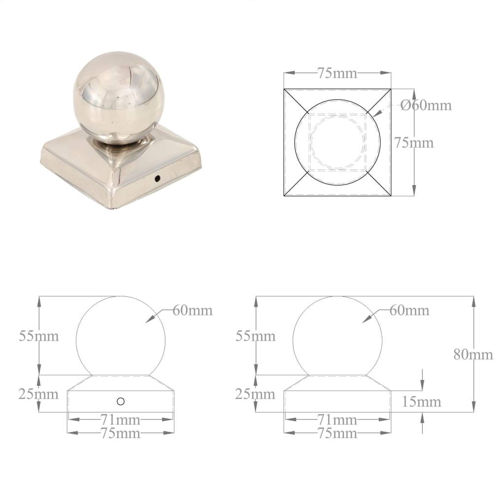 Tappi per Pali 6 pz Estremità a Globo in Acciaio Inox 71x71 mm