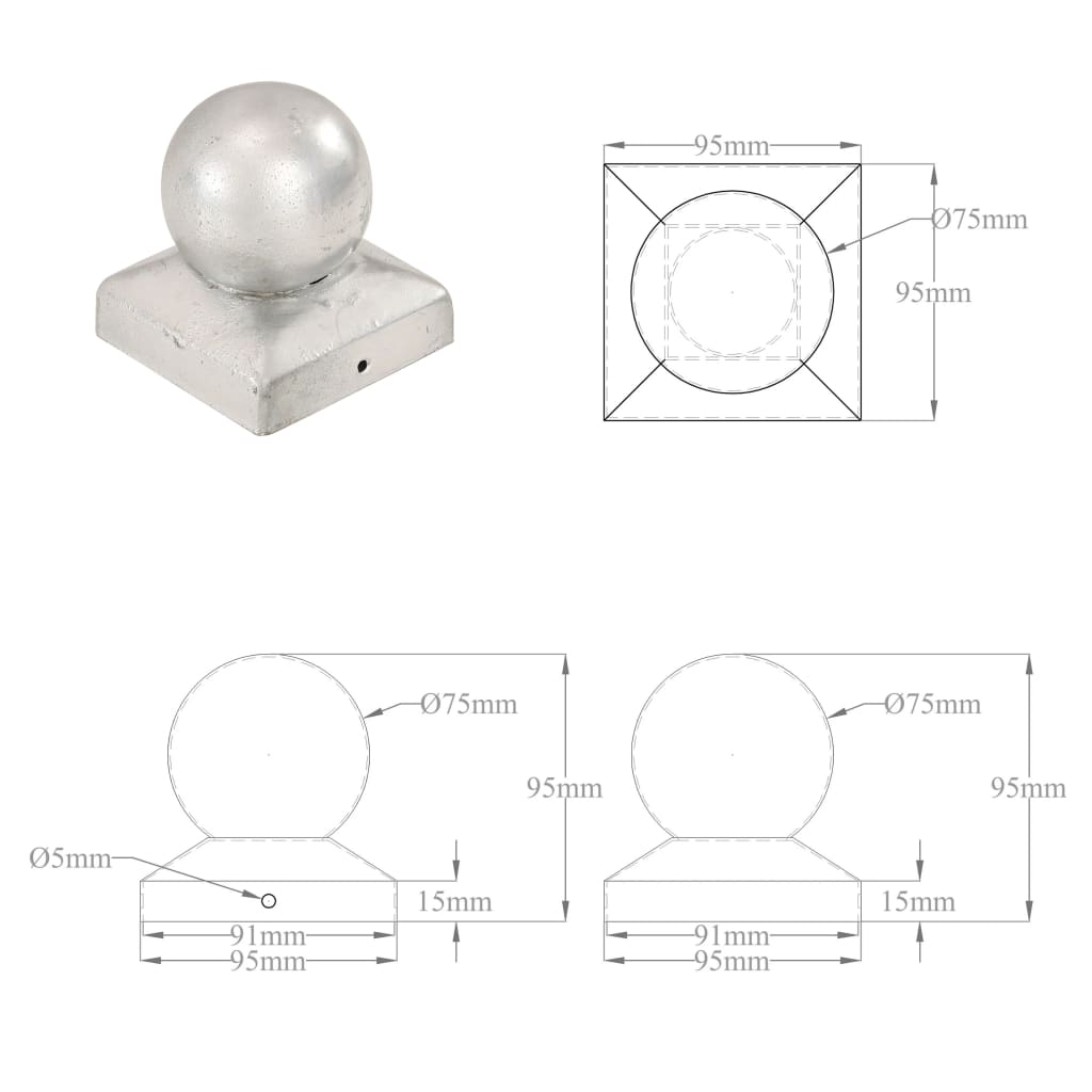 Tappi per Pali 6 pz Estremità a Globo Metallo Zincato 91x91 mm