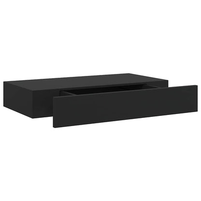 Mensola a Muro Galleggianti con Cassetto Nera 48x25x8 cm