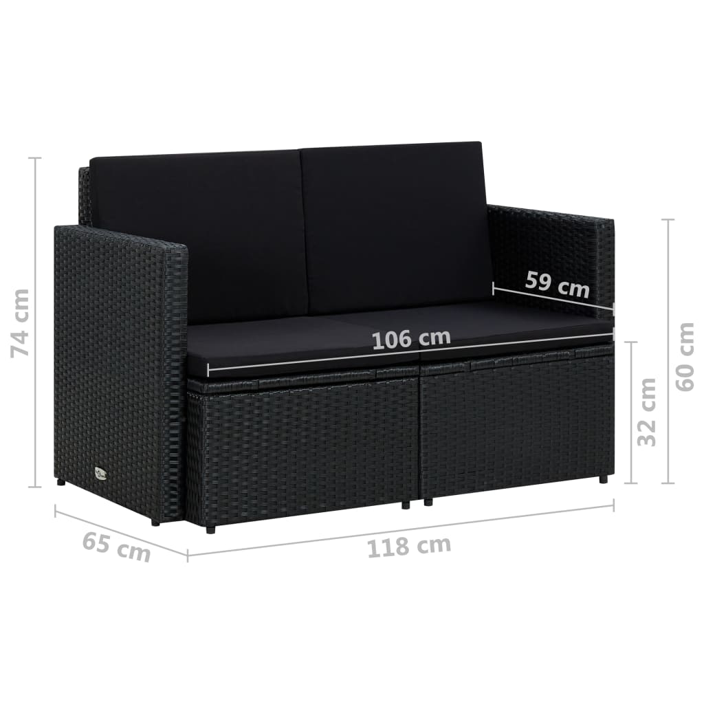 Divano da Giardino a 2 Posti con Cuscini Nero in Polyrattan - homemem39