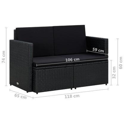 Divano da Giardino a 2 Posti con Cuscini Nero in Polyrattan - homemem39