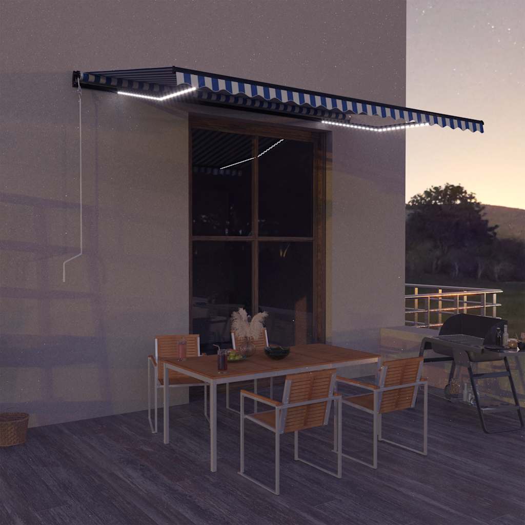 Tenda con Sensore Vento e LED 500x300 cm Blu e Bianca - homemem39