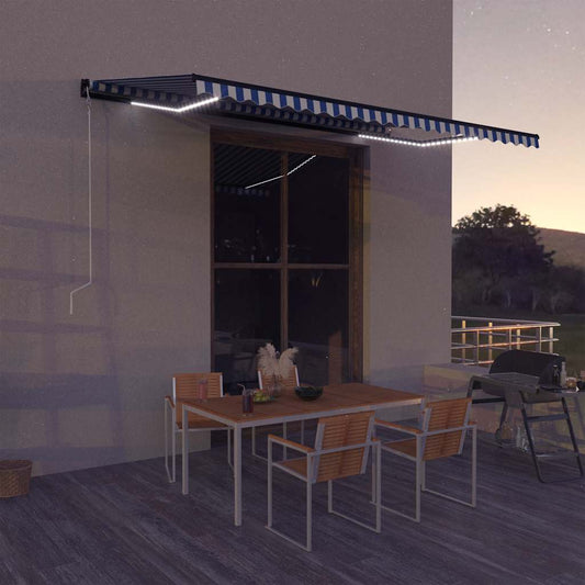 Tenda con Sensore Vento e LED 500x300 cm Blu e Bianca - homemem39
