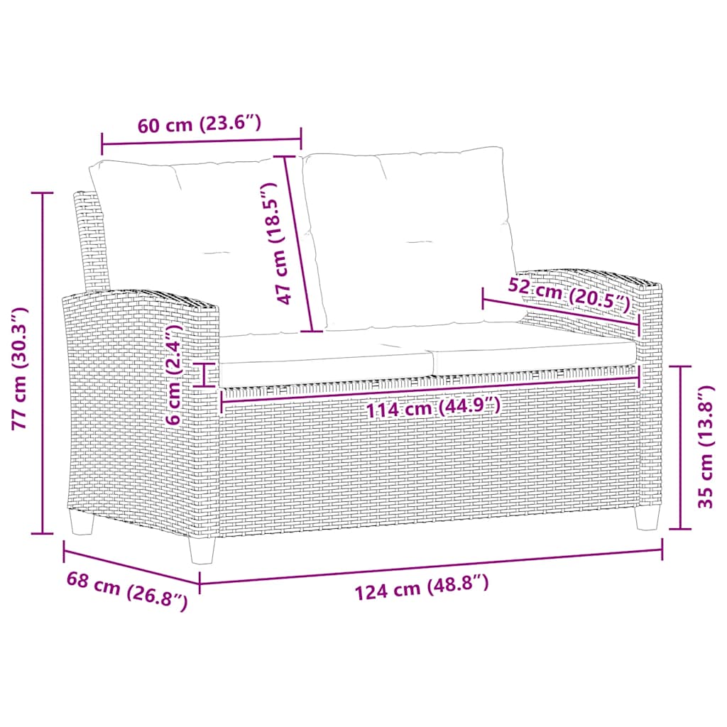 Divano da Giardino 2 Posti con Cuscini Grigio 124 cm Polyrattan | homemem39