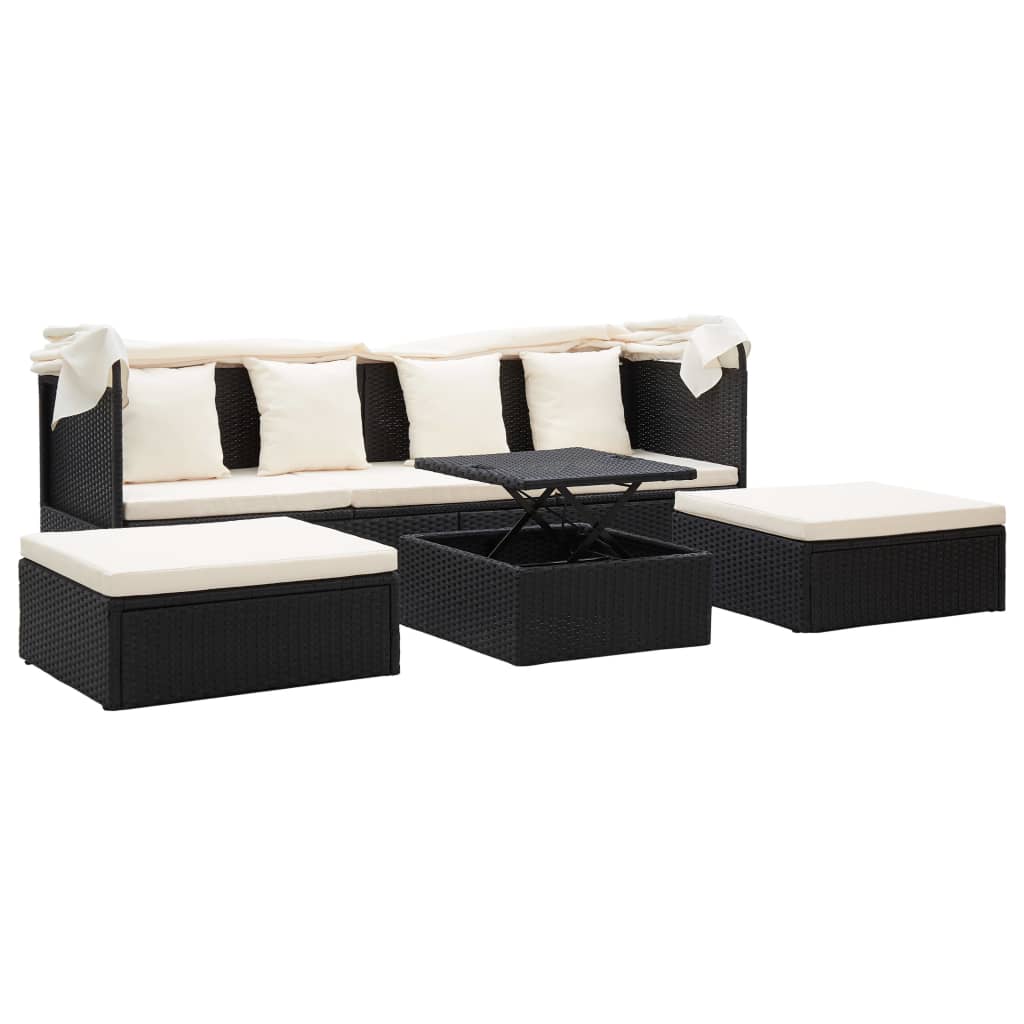 Lettino da Giardino con Tettuccio in Polyrattan Nero - homemem39