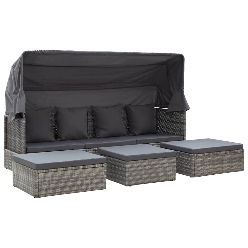 Lettino da Giardino con Tettuccio in Polyrattan Grigio Mélange