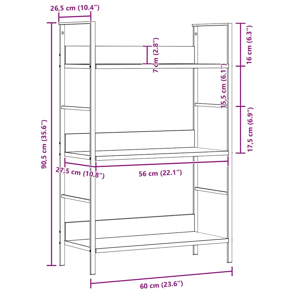 Scaffale Libri 3 Ripiani Rovere 60x27,6x90,5 Legno Multistrato