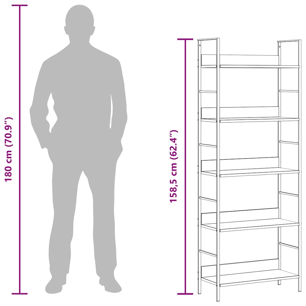 Scaffale Libri 5 Ripiani Nero 60x27,6x128,5cm Legno Multistrato