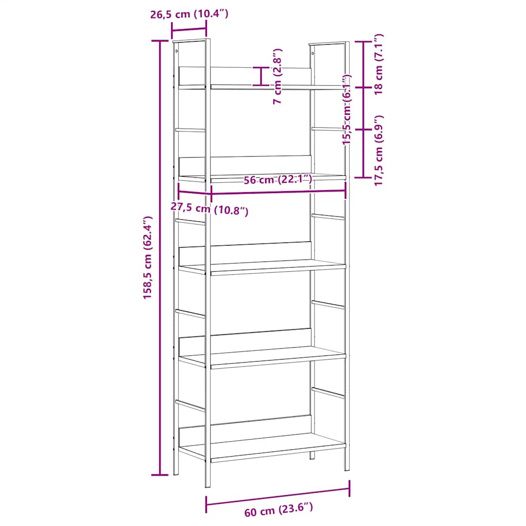 Scaffale Libri 5 Ripiani Bianco 60x27,6x158,5 Legno Multistrato | homemem39