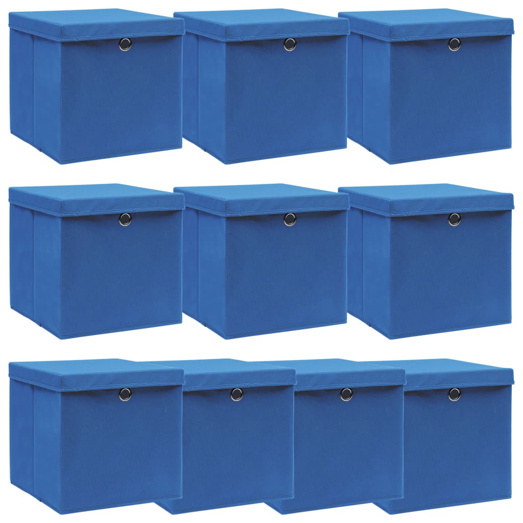 Scatole Portaoggetti con Coperchi 10pz Blu 32x32x32 cm Tessuto