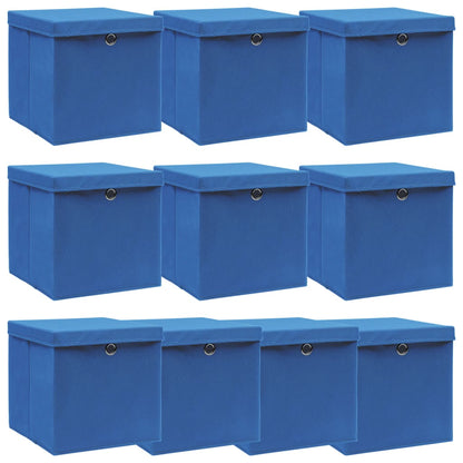 Scatole Portaoggetti con Coperchi 10pz Blu 32x32x32 cm Tessuto