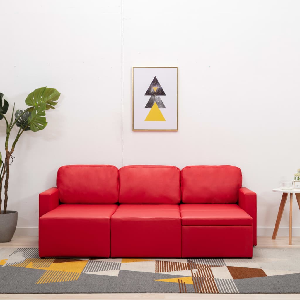 Divano Letto Modulare a 3 Posti Rosso in Similpelle