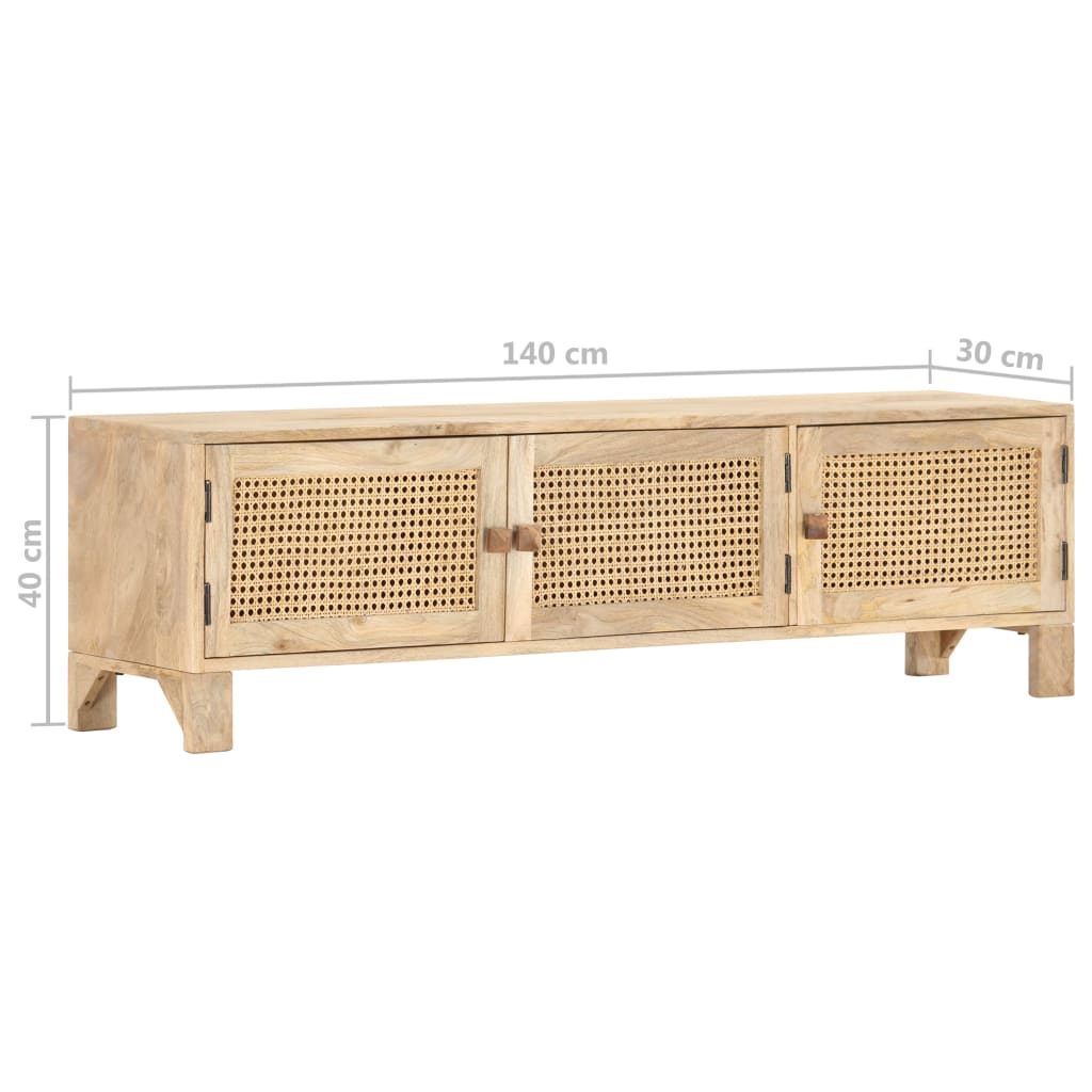 TV Cabinet 140x30x40 cm in Mango Wood and Natural Cane