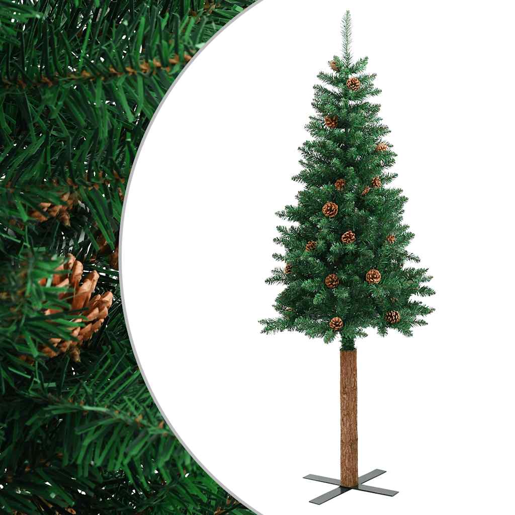 Albero di Natale Sottile con Legno Vero e Pigne Verde 210cm PVC