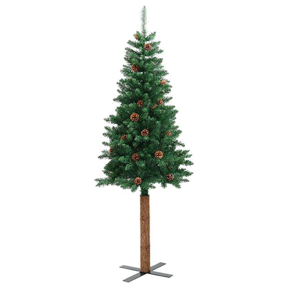 Albero di Natale Sottile con Legno Vero e Pigne Verde 210cm PVC