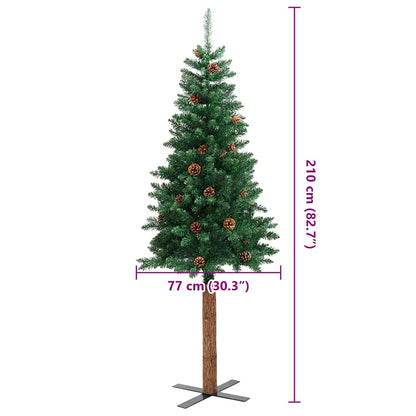 Albero di Natale Sottile con Legno Vero e Pigne Verde 210cm PVC