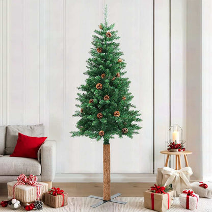 Albero di Natale Sottile con Legno Vero e Pigne Verde 210cm PVC