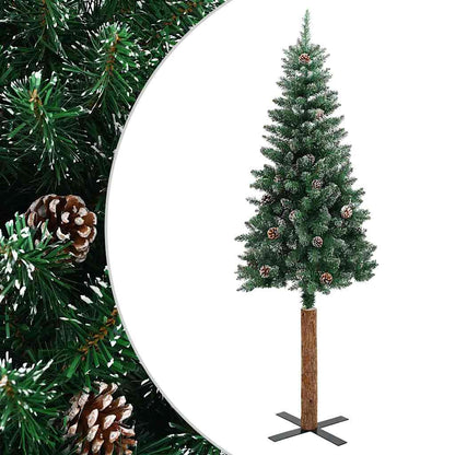 Albero di Natale Sottile con Legno Vero e Neve Verde 150 cm