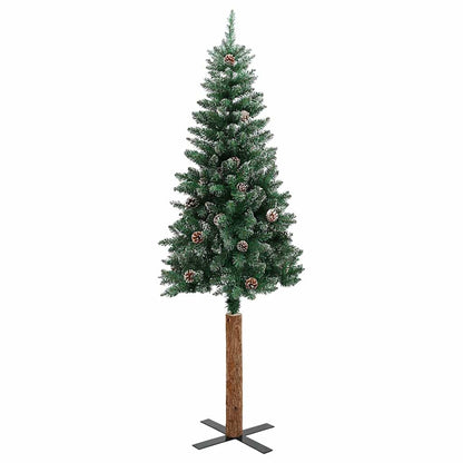 Albero di Natale Sottile con Legno Vero e Neve Verde 150 cm