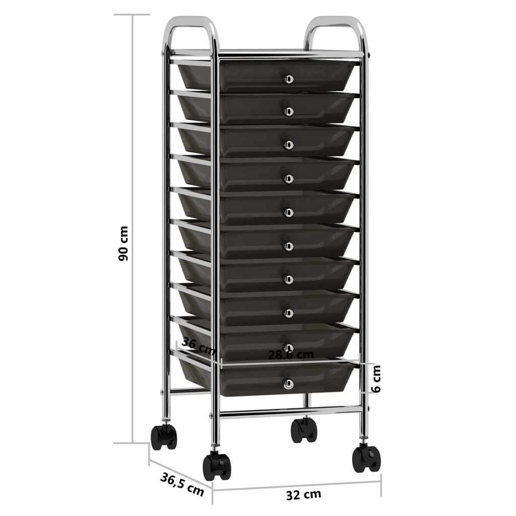 Carrello Portaoggetti Mobile con 10 Cassetti Nero in Plastica - homemem39