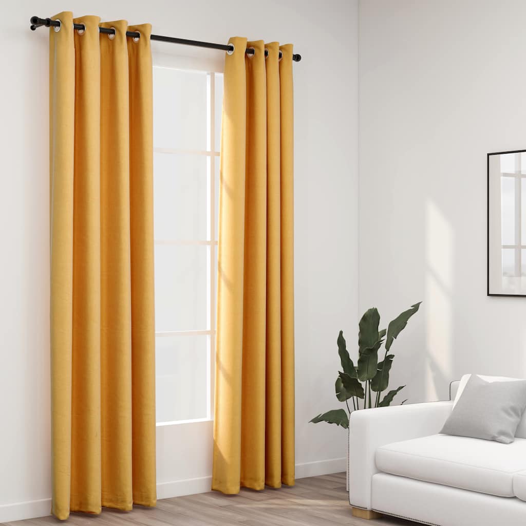 Tende Oscuranti Effetto Lino con Occhielli 2pz Gialle 140x225cm | homemem39