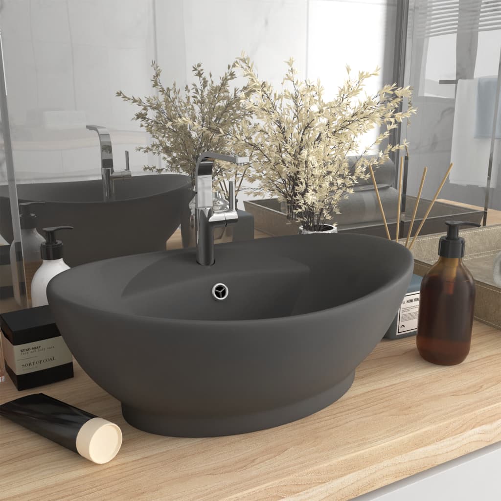 Lavabo Troppopieno Ovale Grigio Scuro Opaco 58,5x39cm Ceramica | homemem39
