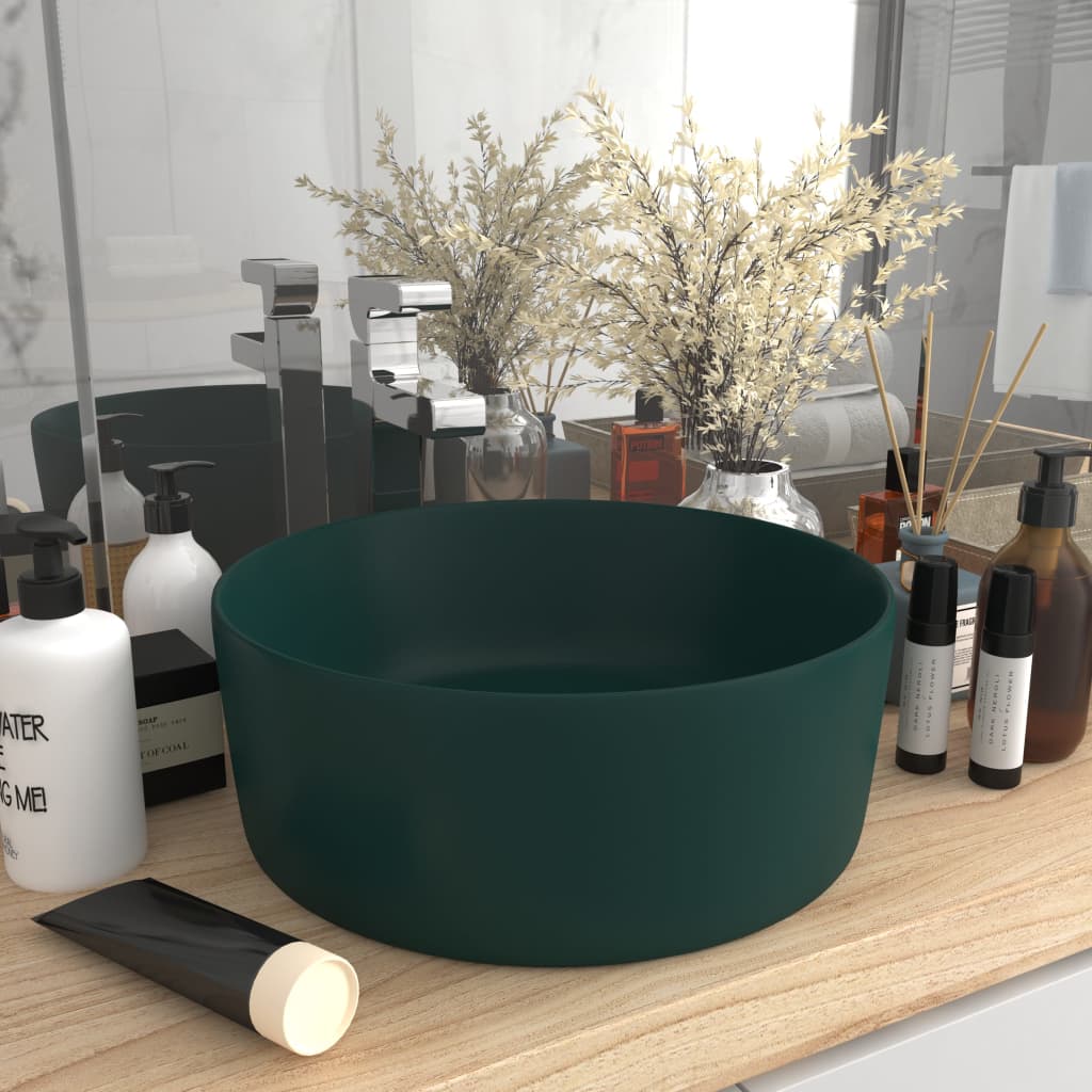 Lavandino Lusso Rotondo Verde Scuro Opaco 40x15 cm in Ceramica | homemem39