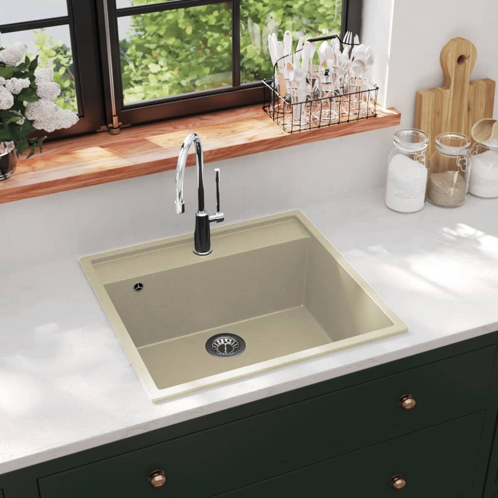 Lavello da Cucina con Foro Troppopieno Beige in Granito | homemem39