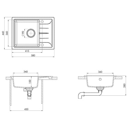 Lavello da Cucina con Foro Troppopieno Ovale Nero in Granito