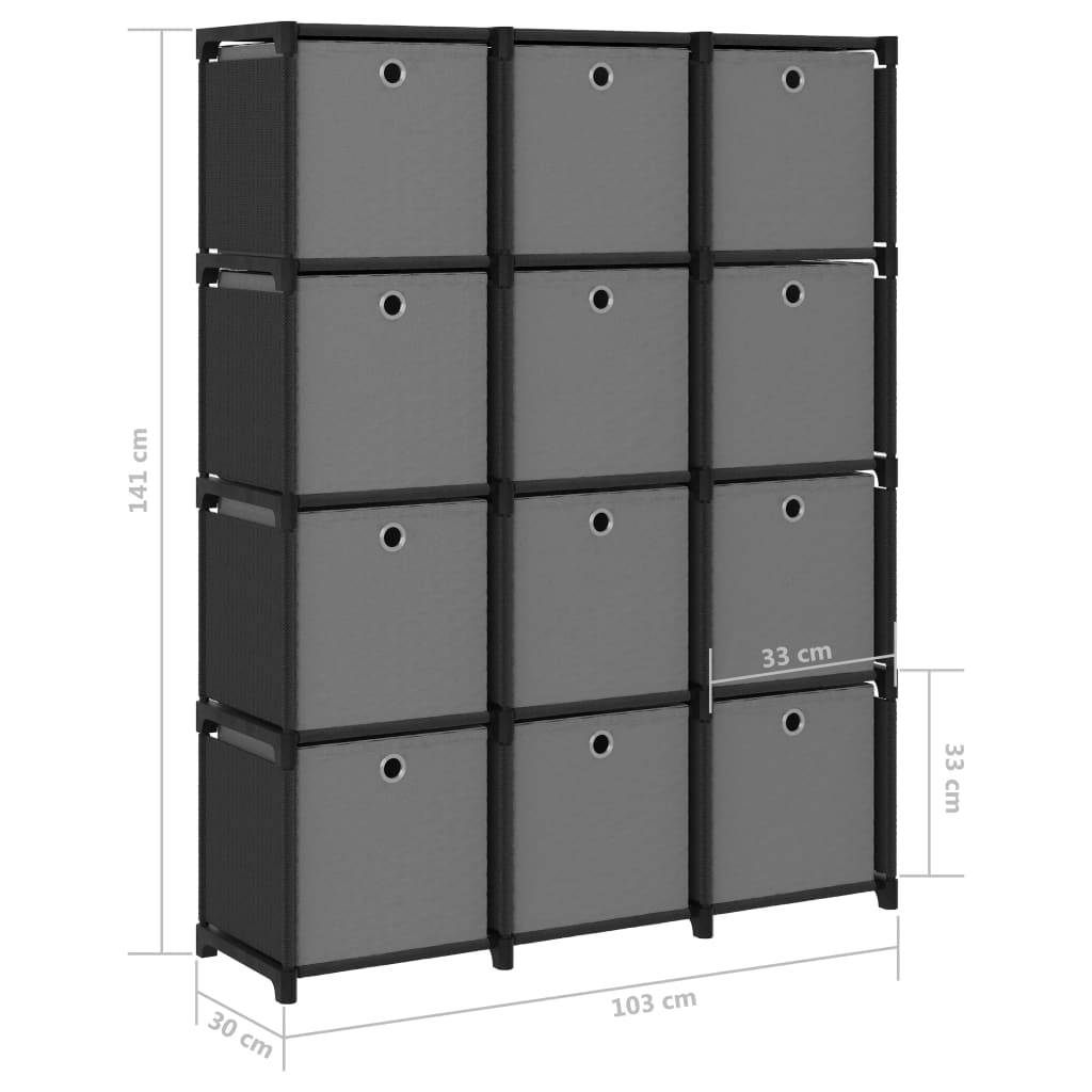 Mensola con 12 Scatole a Cubo Nera 103x30x141 cm in Tessuto | homemem39