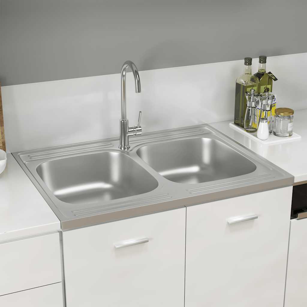 Lavello Cucina Doppia Vasca 800x600x155 mm Argento Acciaio Inox | homemem39