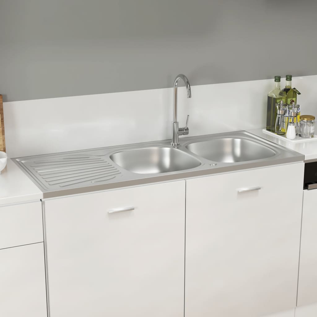 Double Bowl Kitchen Sink 1200x500x155mm Silver Stainless Steel