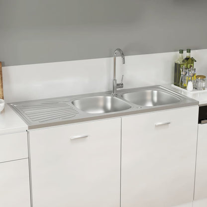 Double Bowl Kitchen Sink 1200x500x155mm Silver Stainless Steel
