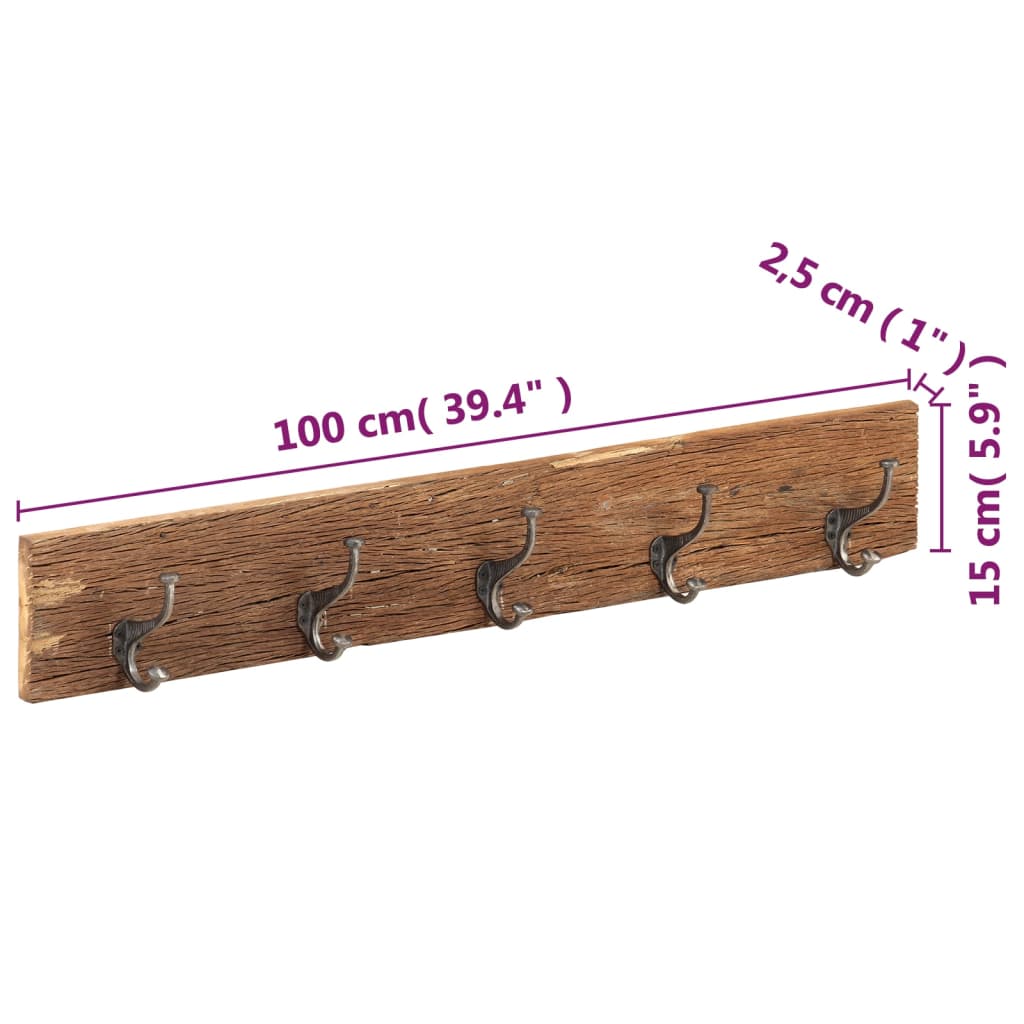 Appendiabiti Parete 5 Ganci 100x2,5x15cm Massello di Recupero