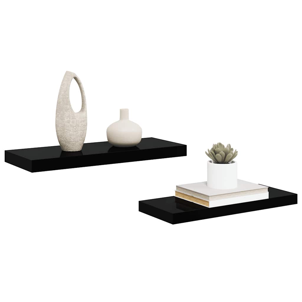 Scaffali a Parete 2 pz Nero Lucido 60x23,5x3,8 cm in MDF | homemem39