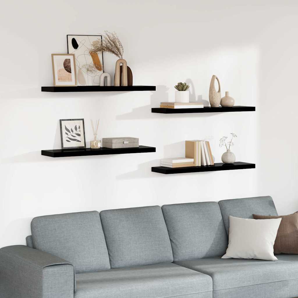 Scaffali a Parete 4 pz Nero Lucido 90x23,5x3,8 cm in MDF