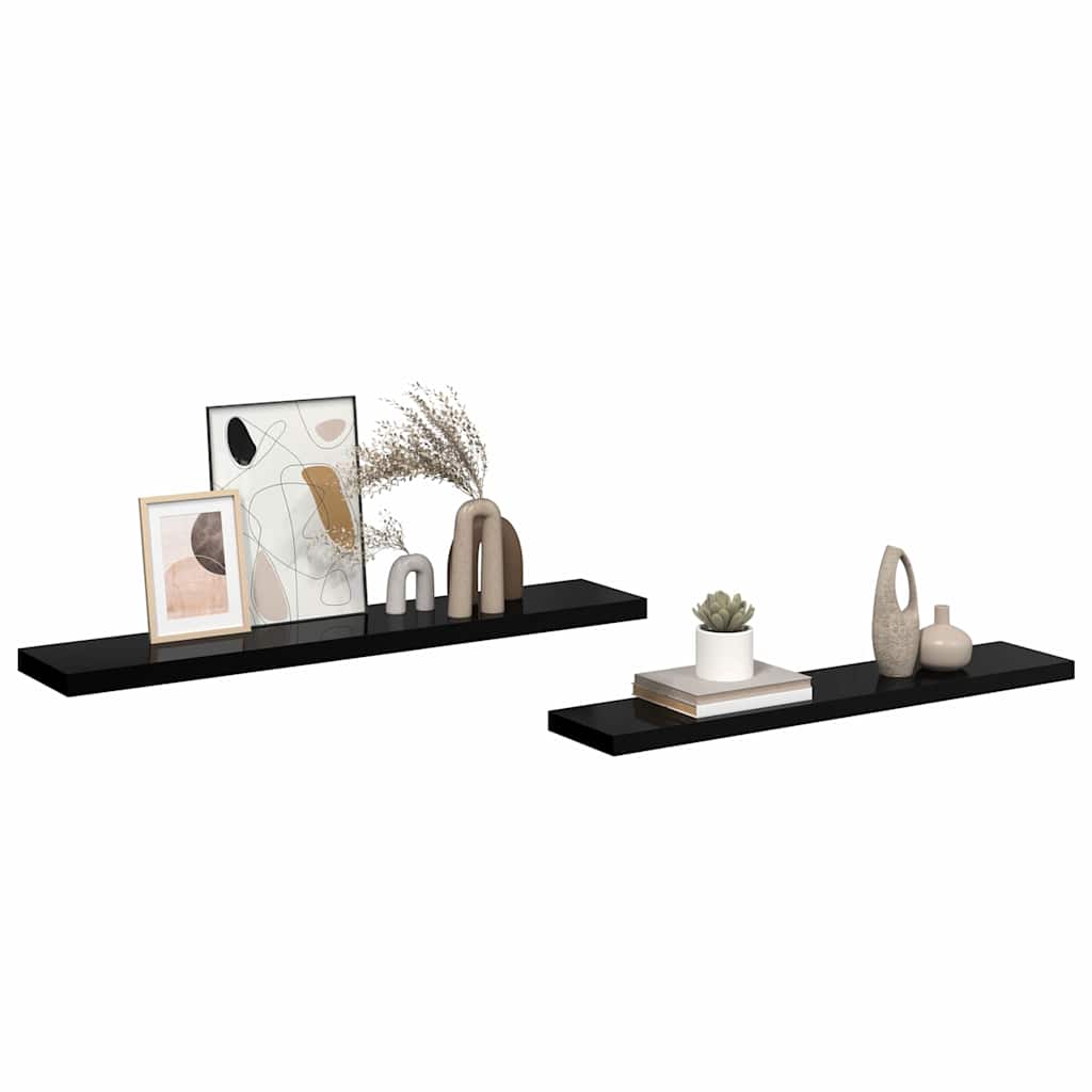 Scaffali a Parete 2 pz Nero Lucido 120x23,5x3,8 cm in MDF
