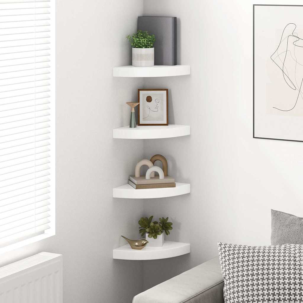Mensole Angolari Sospese 4 pz Bianco Lucido 25x25x3,8 cm MDF
