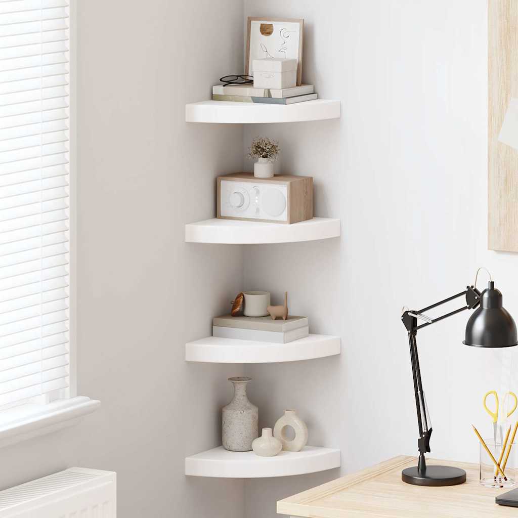 Mensole Angolari Sospese 4 pz Bianco Lucido 25x25x3,8 cm MDF