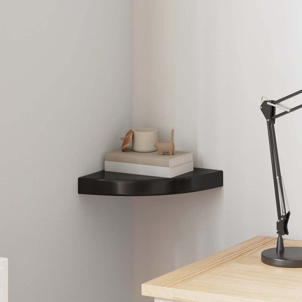 Scaffale Angolare a Parete Nero Lucido 25x25x3,8 cm in MDF