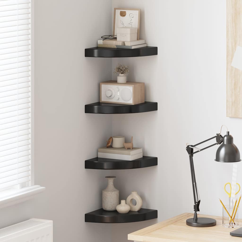 Scaffali Angolari a Parete 4 pz Nero Lucido 25x25x3,8 cm MDF