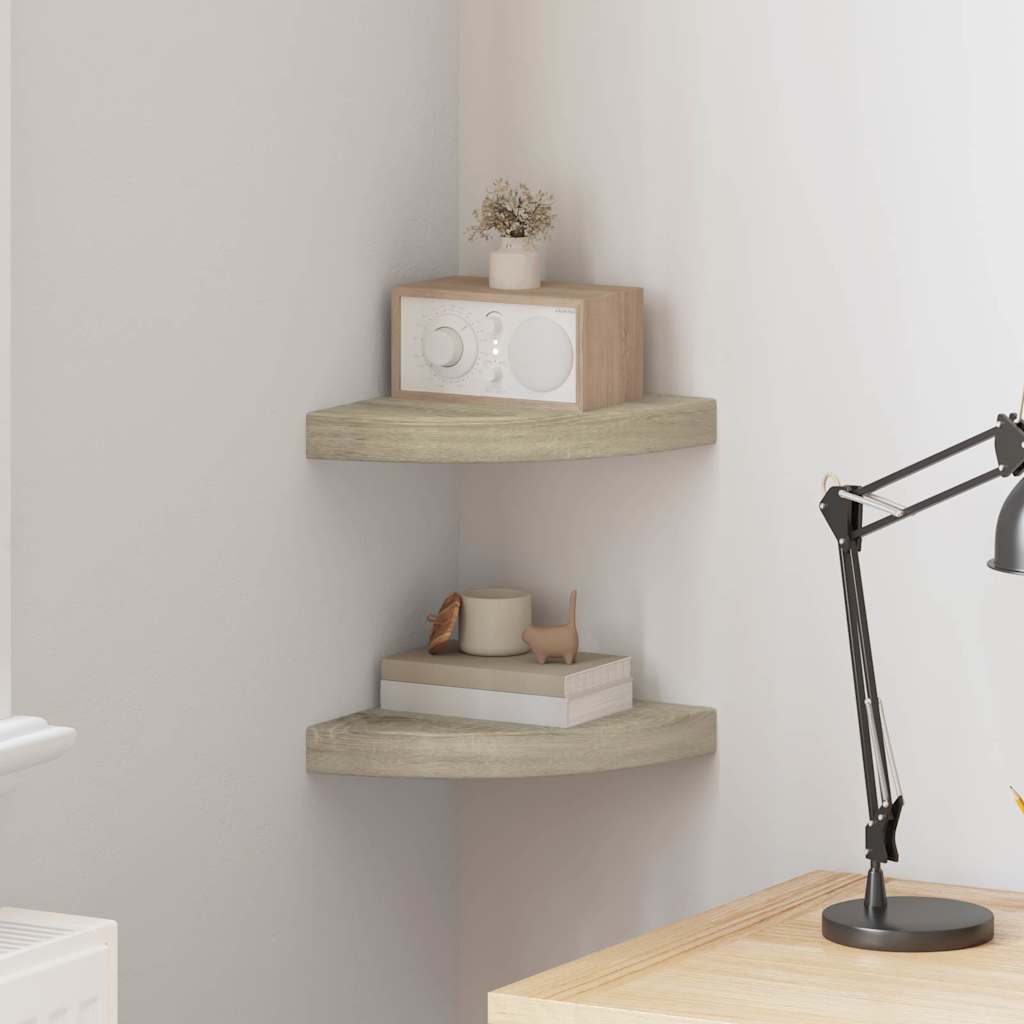 Scaffali Angolari a Parete 2 pz Rovere 25x25x3,8 cm in MDF