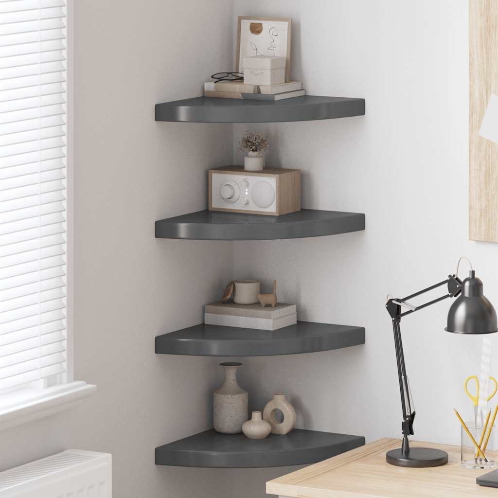 Scaffali Angolari a Parete 4 pz Grigio Lucido 35x35x3,8 cm MDF | homemem39