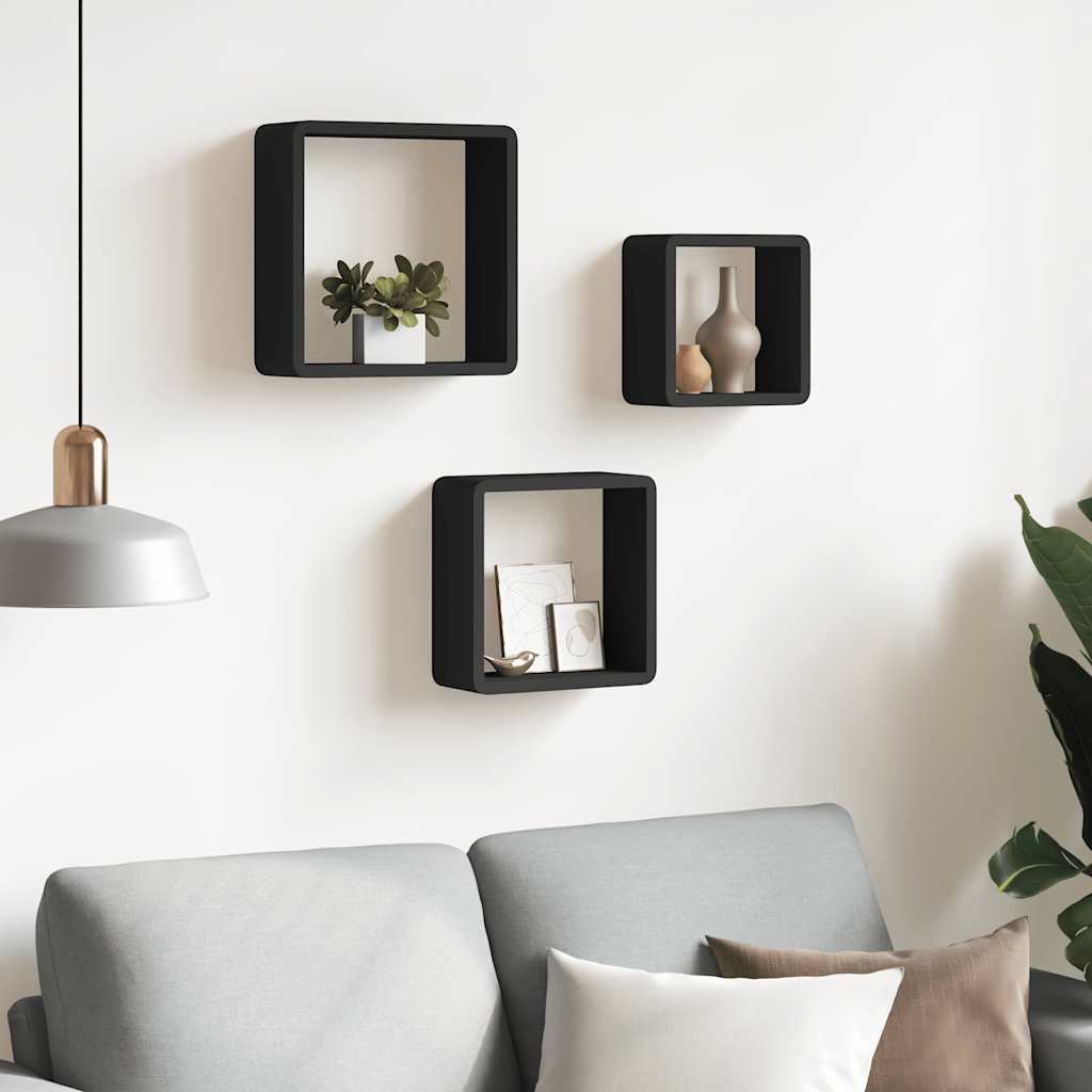 Mensole a Cubo da Parete 3 pz Nere in MDF | homemem39